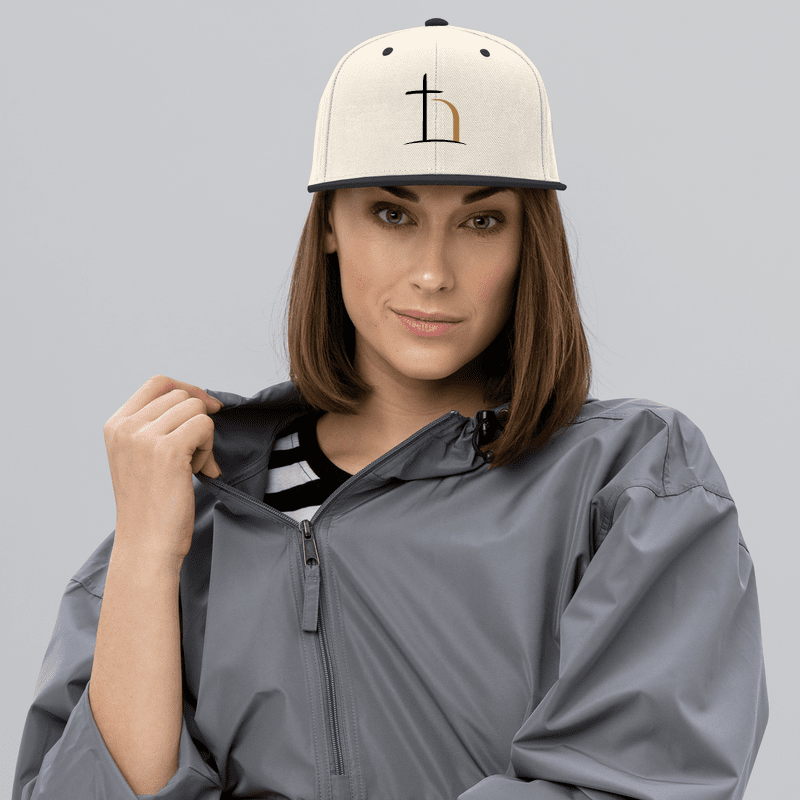 Natural/Black Christian snapback hat with embroidered Be Opened logo