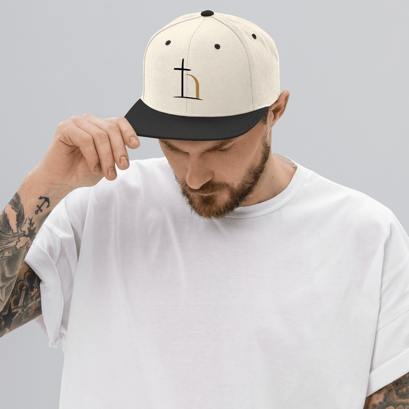 Natural/Black Christian snapback hat with embroidered Be Opened logo