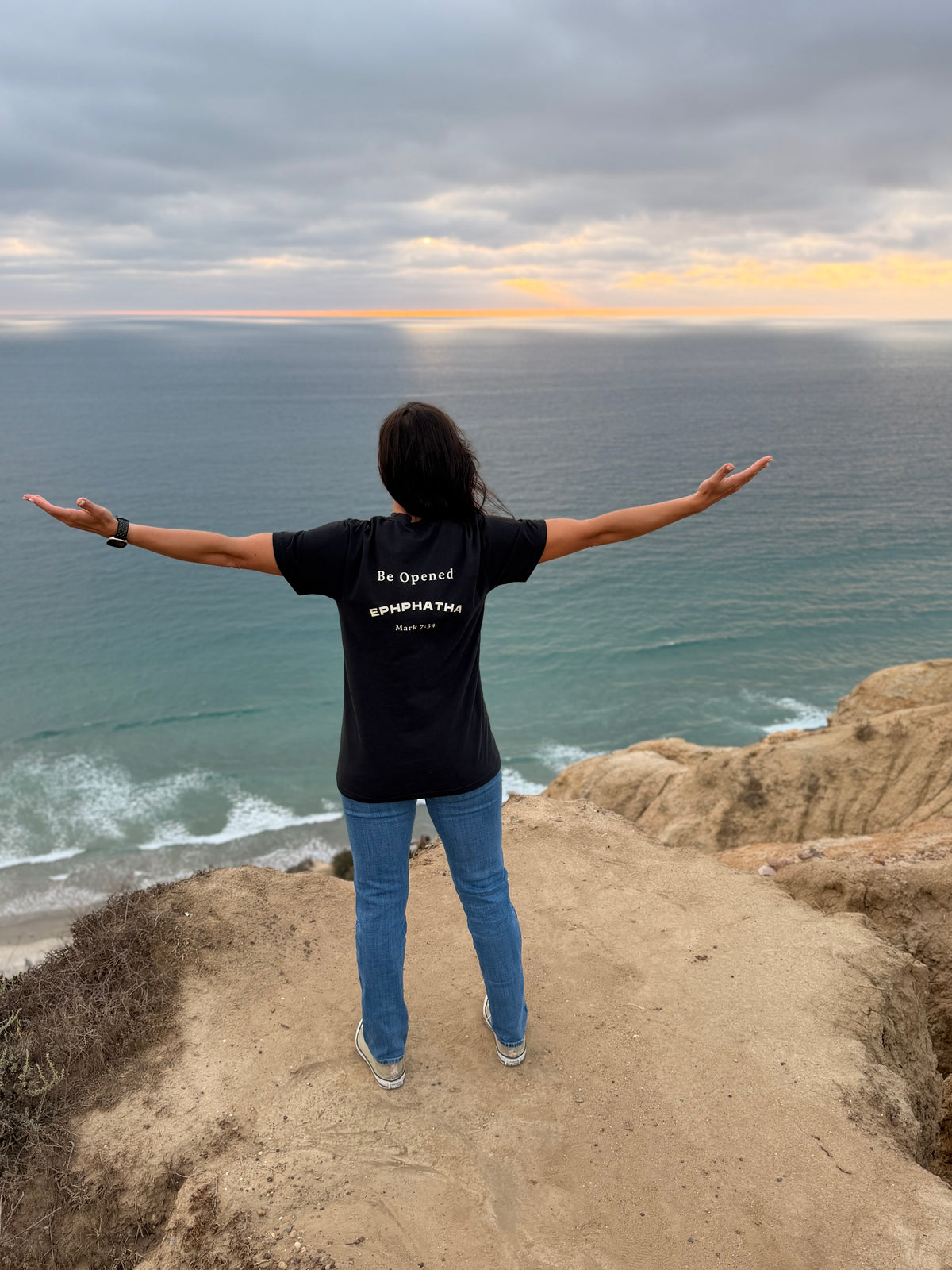 Back of black Ephphatha T-shirt with Be Opened Mark 7:34 design