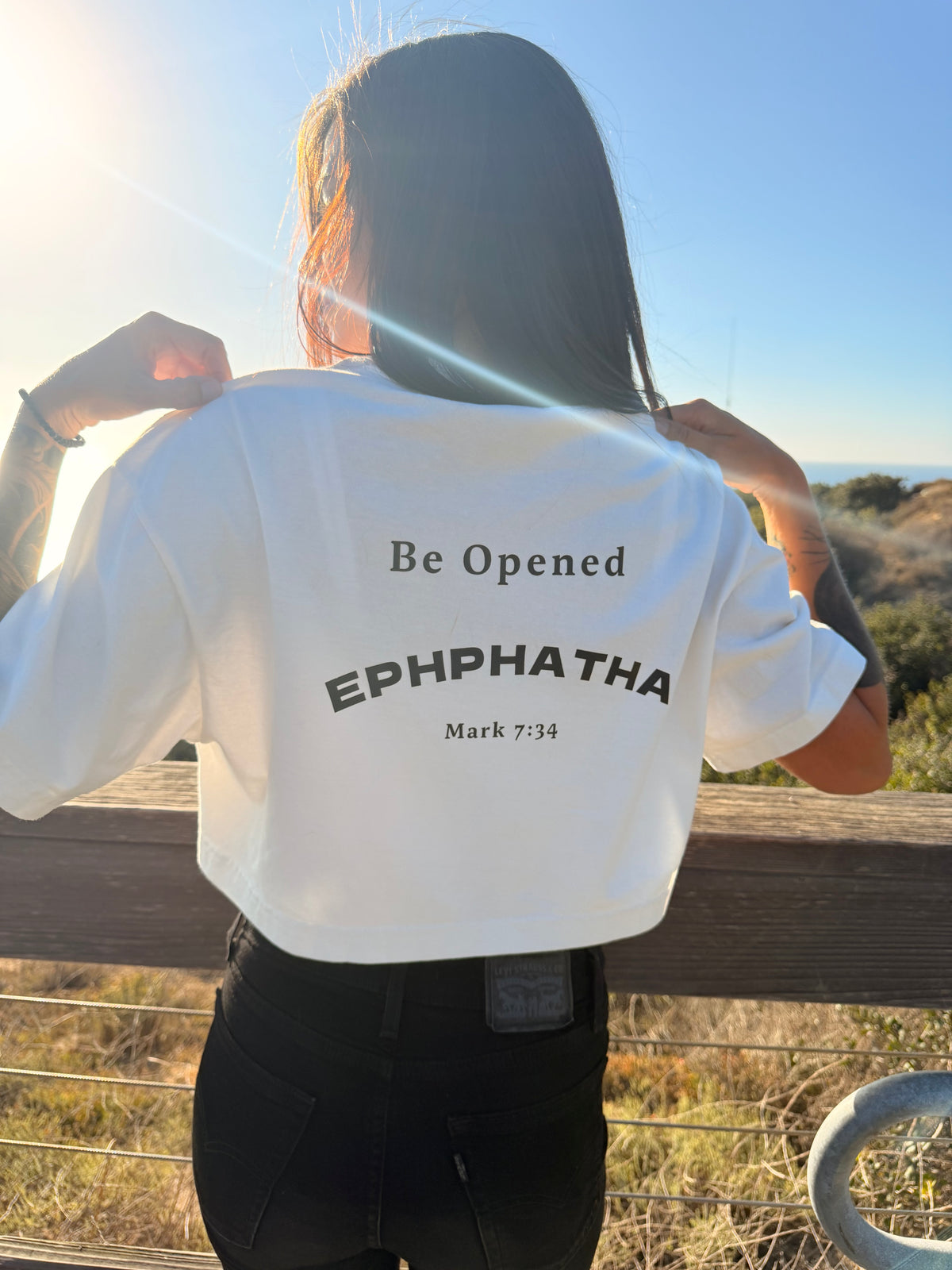 White Ephphatha crop tee with Be Opened Scripture design