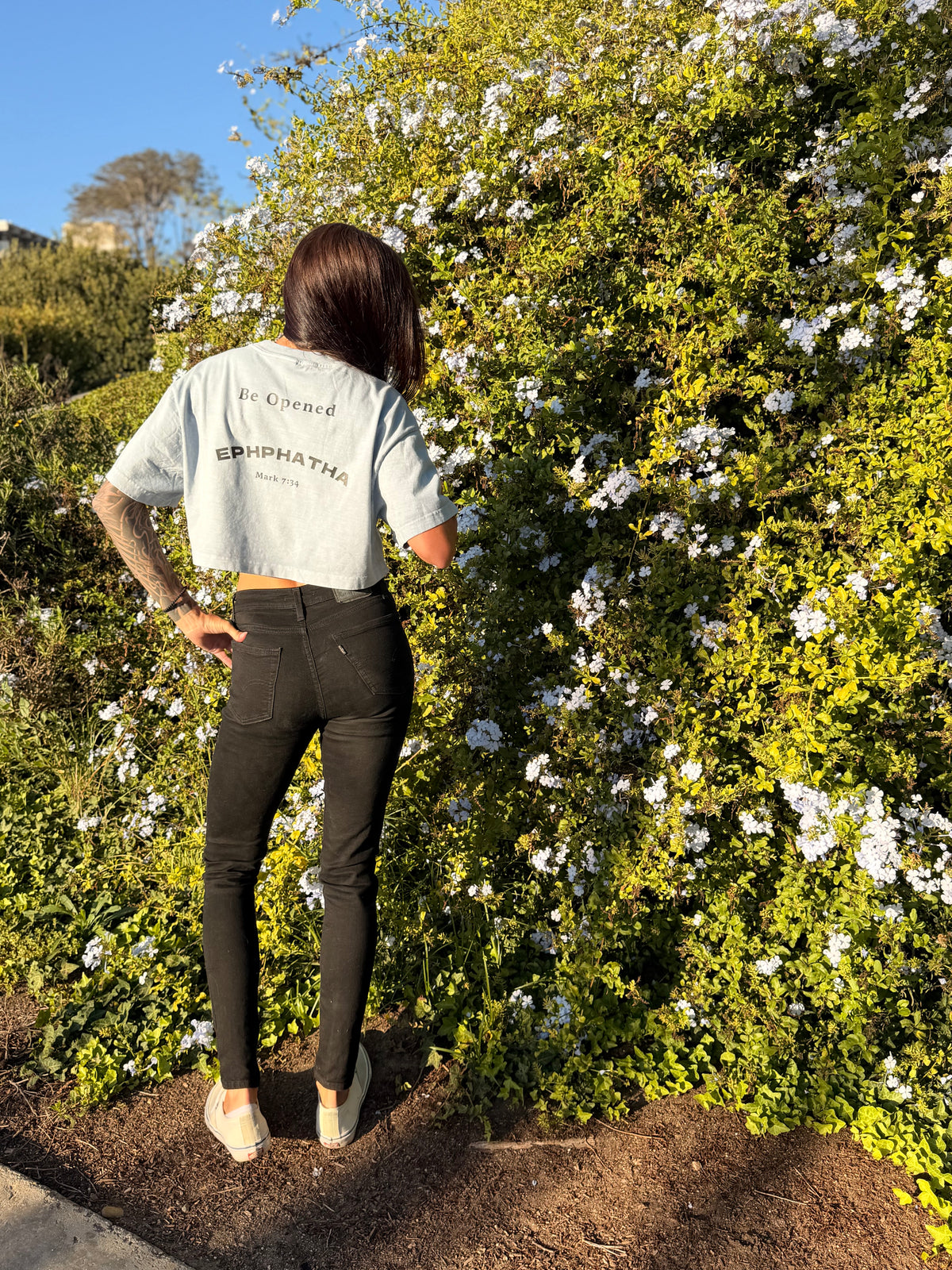 Blue Ephphatha crop tee with Be Opened Scripture design