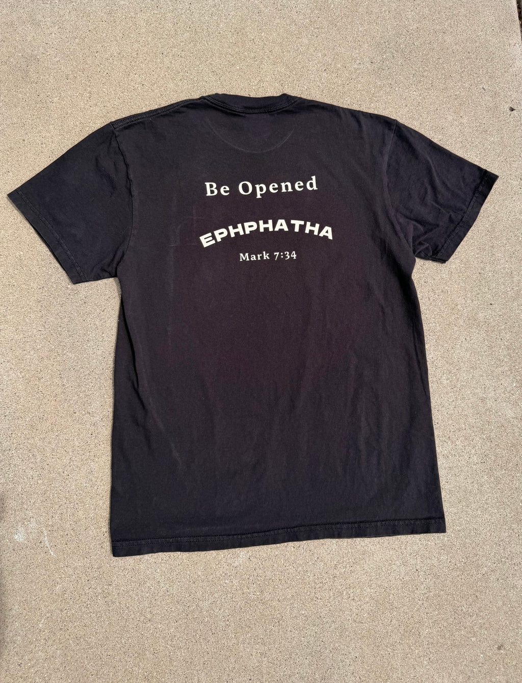 Back of black Ephphatha T-shirt with Be Opened Mark 7:34 design