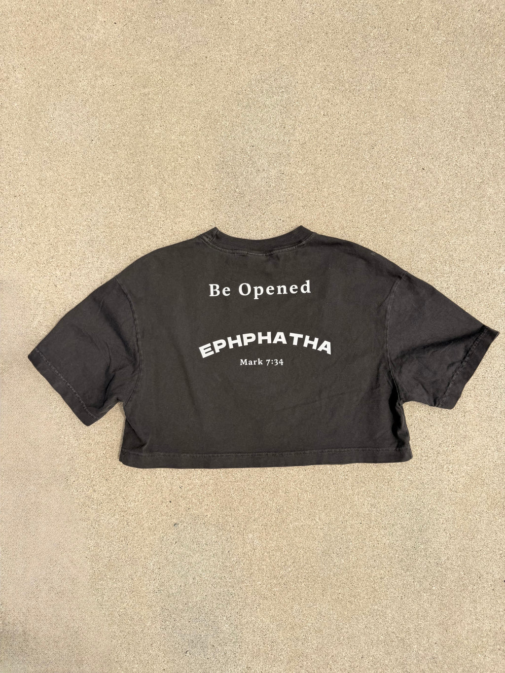 Ephphatha Mark 7:34 design detail on black Christian crop tee