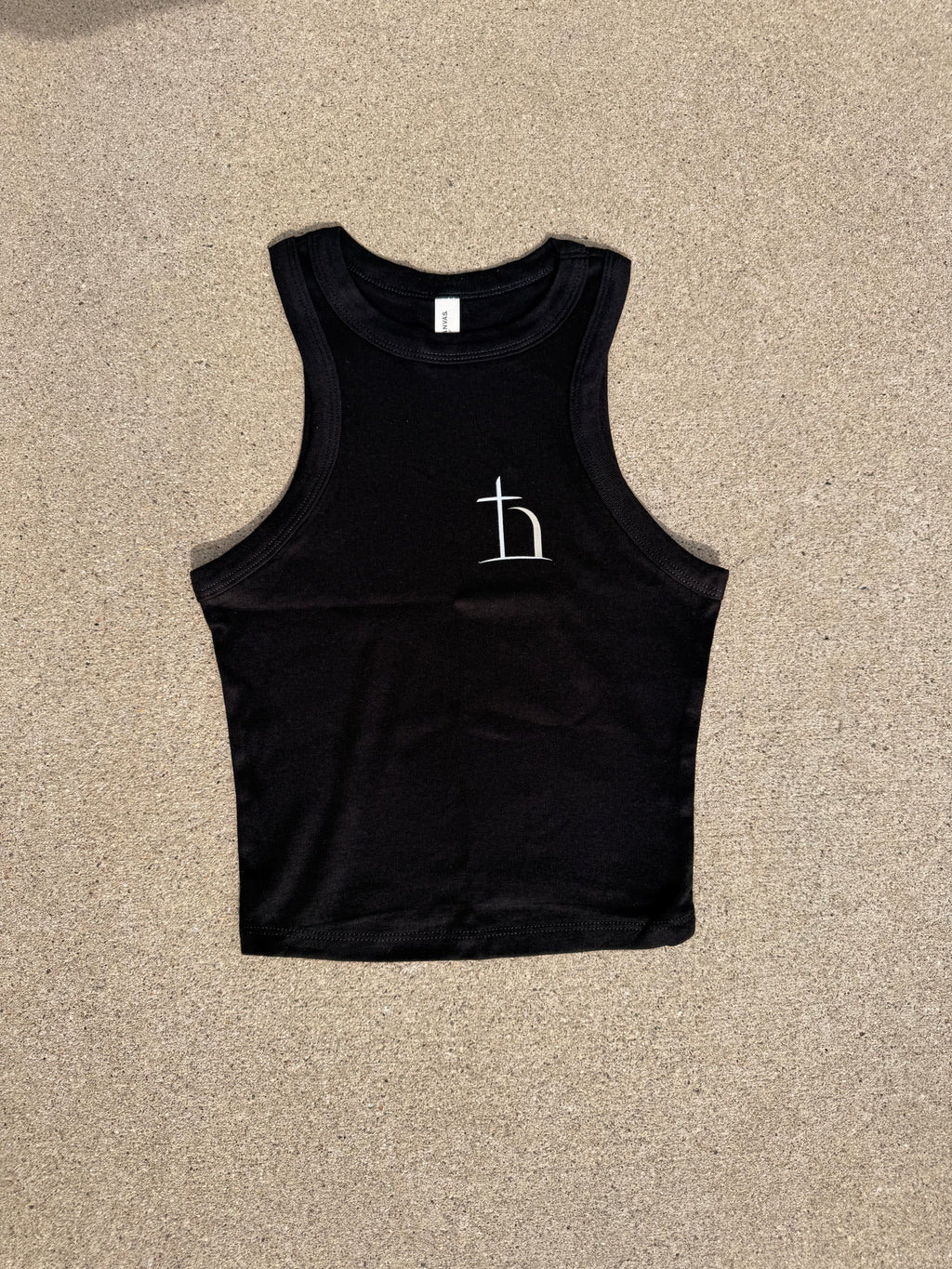 Black women's Christian racer tank with Be Opened design