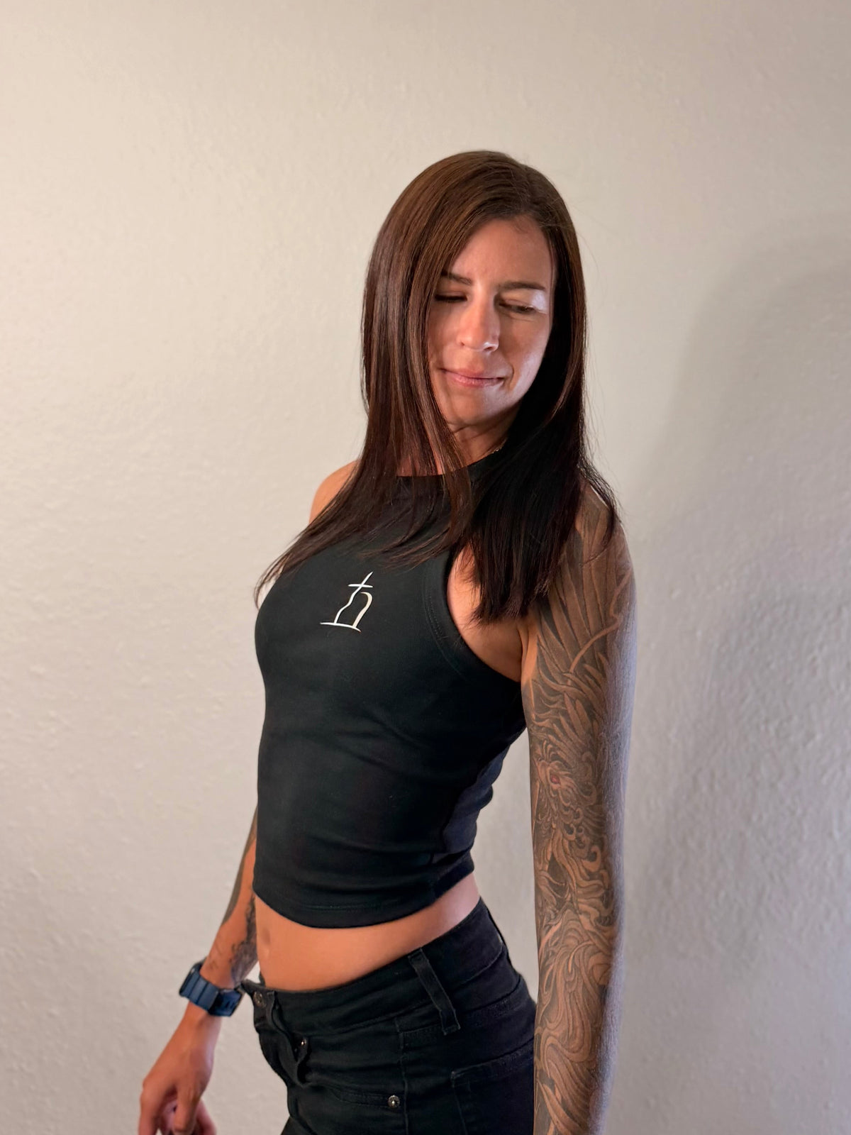 Black women's Christian racer tank with Be Opened design