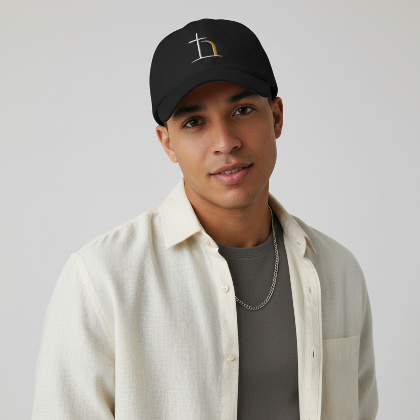 Black Christian dad hat with embroidered Be Opened logo