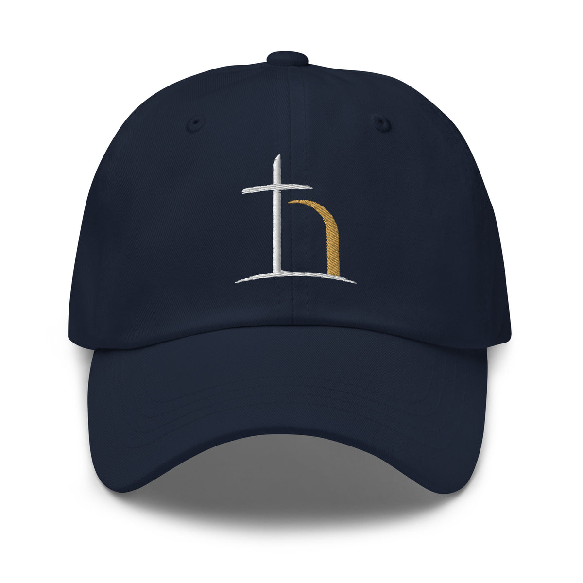 Navy Christian dad hat with Be Opened embroidery