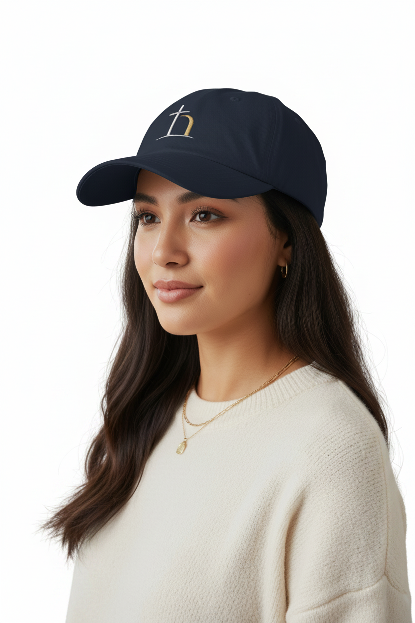 Navy Christian dad hat with Be Opened embroidery