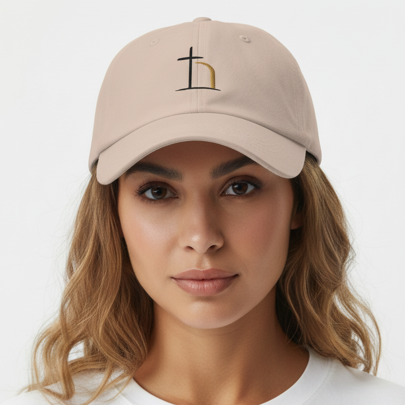 Khaki Christian dad hat with embroidered Be Opened logo