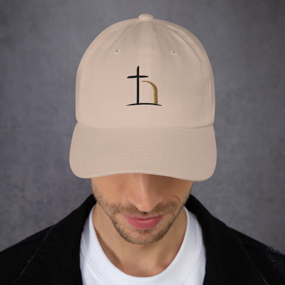 Khaki Christian dad hat with embroidered Be Opened logo