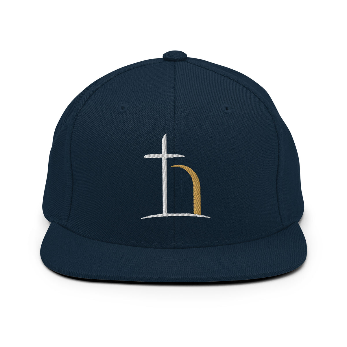 Navy Christian snapback hat with Be Opened embroidery