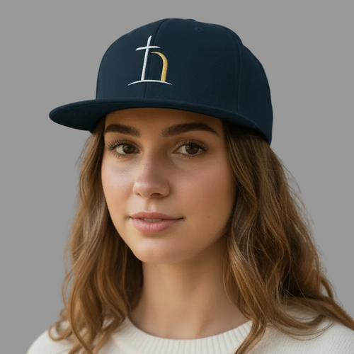 Navy Christian snapback hat with Be Opened embroidery