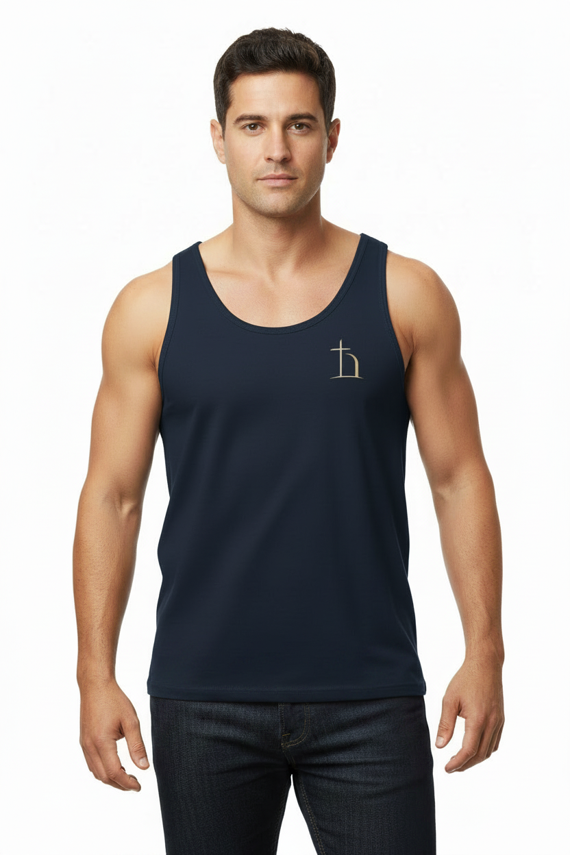 Navy Christian unisex tank top with Be Opened design
