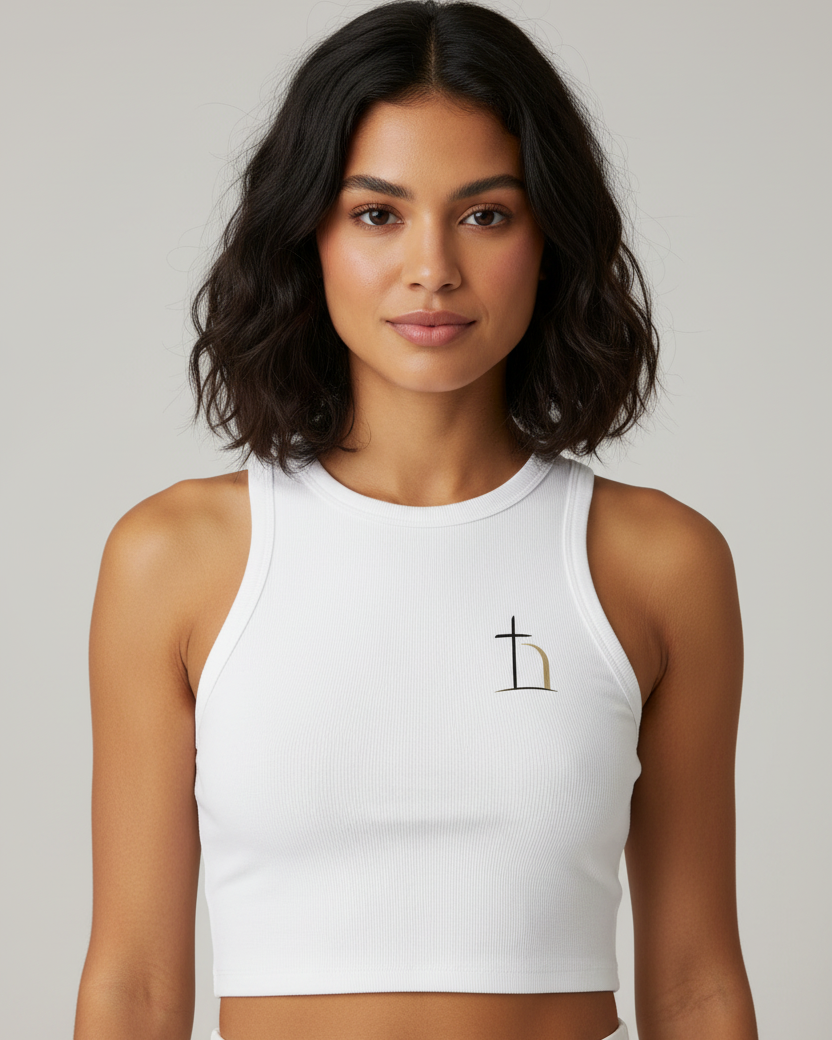 White women's Christian racer tank with Be Opened design